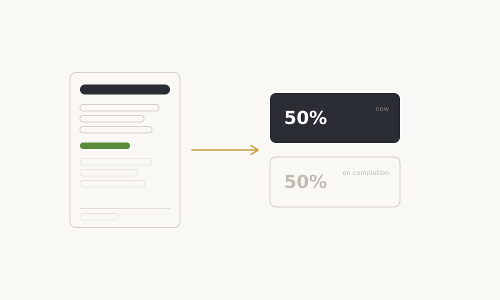Builder deposit payment split showing 50 percent now and 50 percent on completion